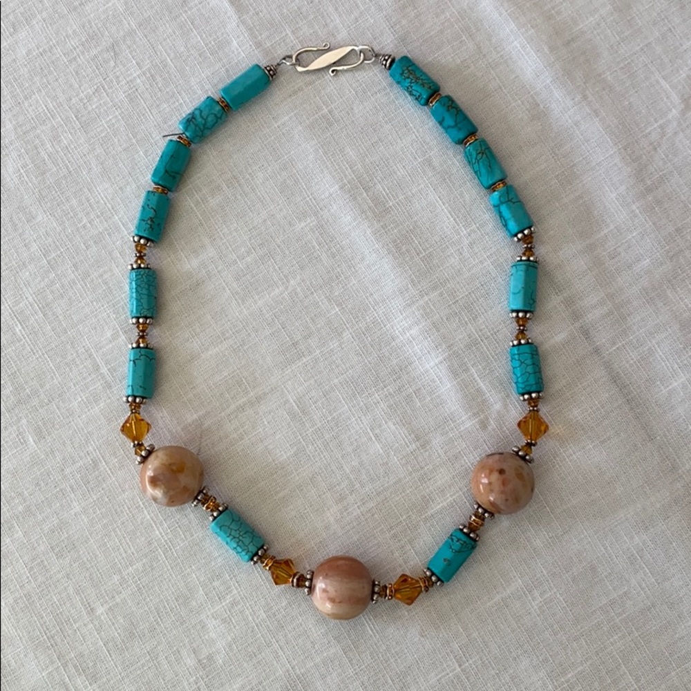 Handmade Aqua & Tan Stone Beaded Necklace
